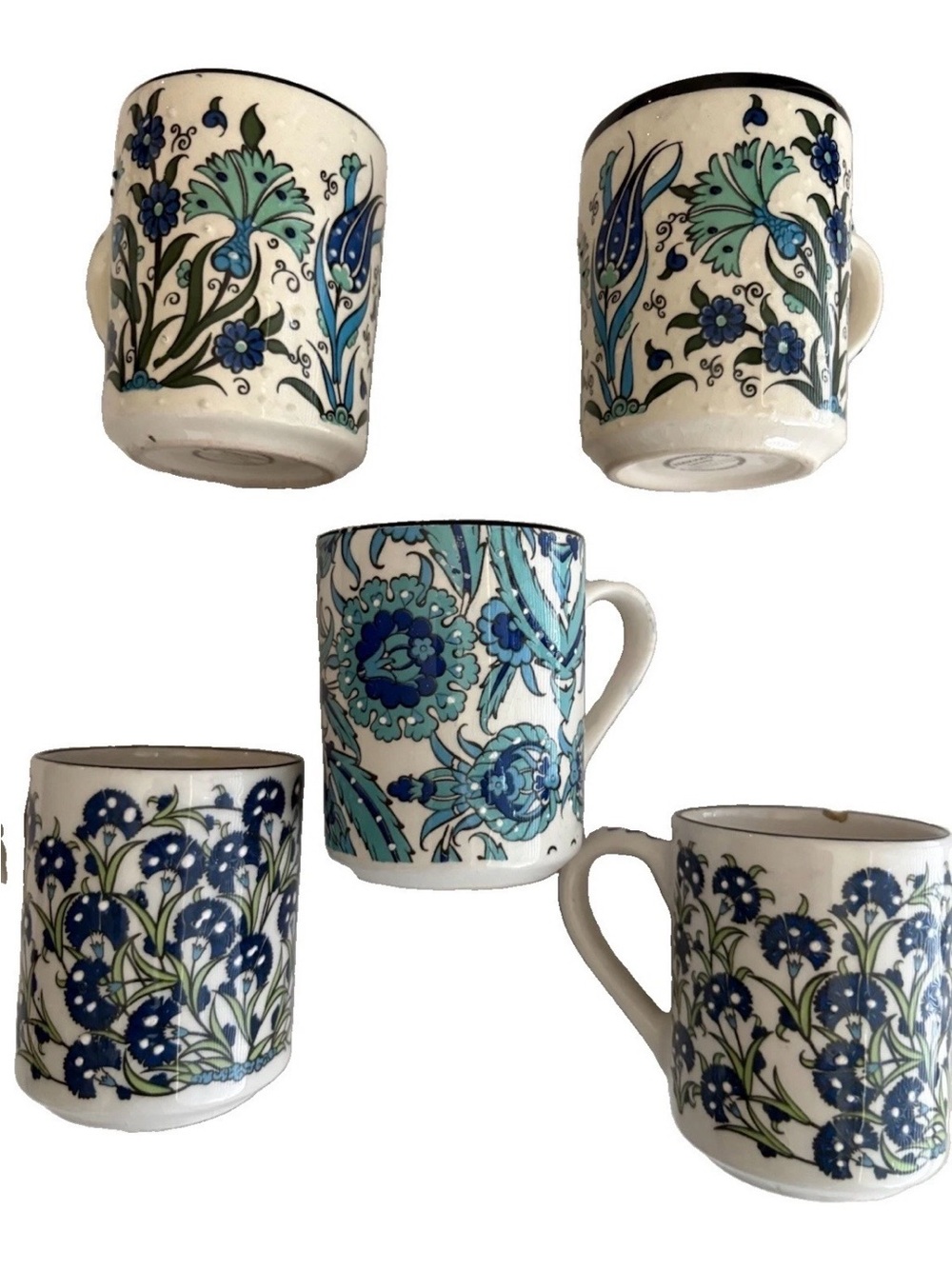 Lot-5 vintage Nakkas ceramic mugs hand-painted in Turkey floral mugs